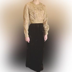 Vintage 60s Evening Gown. Gold top with deep brow velvet skirt. Statement Piece!